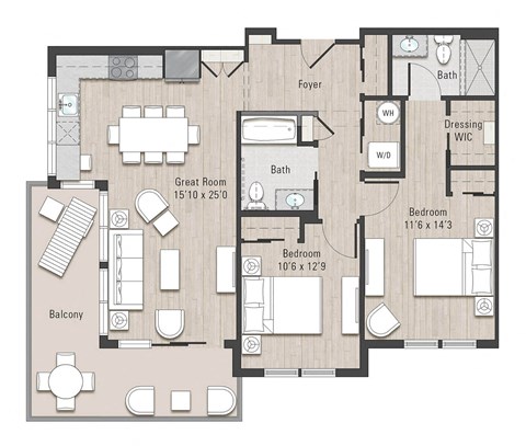 Floor plan for 2 beds, 2 baths, 1015 sqft